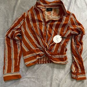 Brown and White Long Sleeve Wrap Blouse